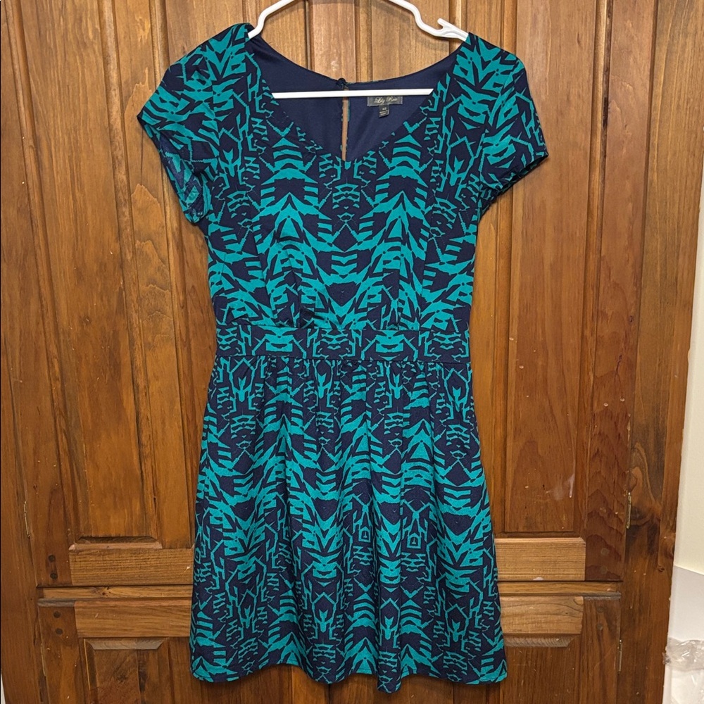 Lily Rose Women’s Blue and Green Short Sleeve Patterned Mini Dress Size XS